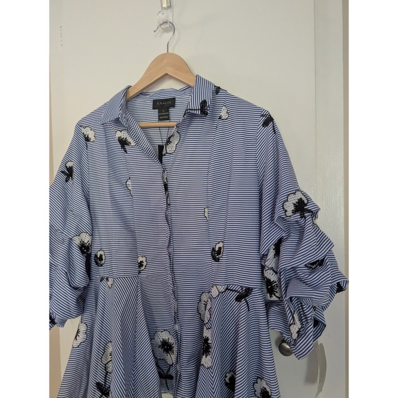 GRACIA Blue Stripe Floral Ruffle Sleeve Asymmetrical Shirt L Bold Statement Glam - Picture 5 of 11